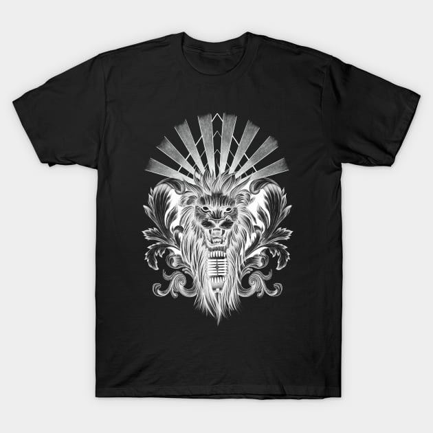 Lion Singing into Microphone with Baroque Leaves and Sunrays T-Shirt by Tred85